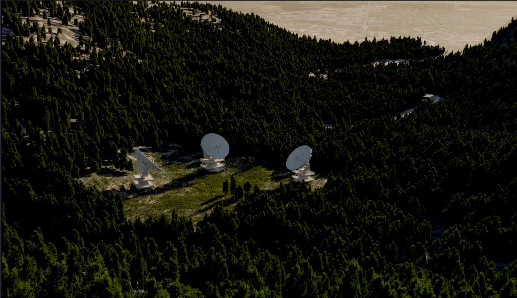 3D visualization of satellite dishes in a forested landscape