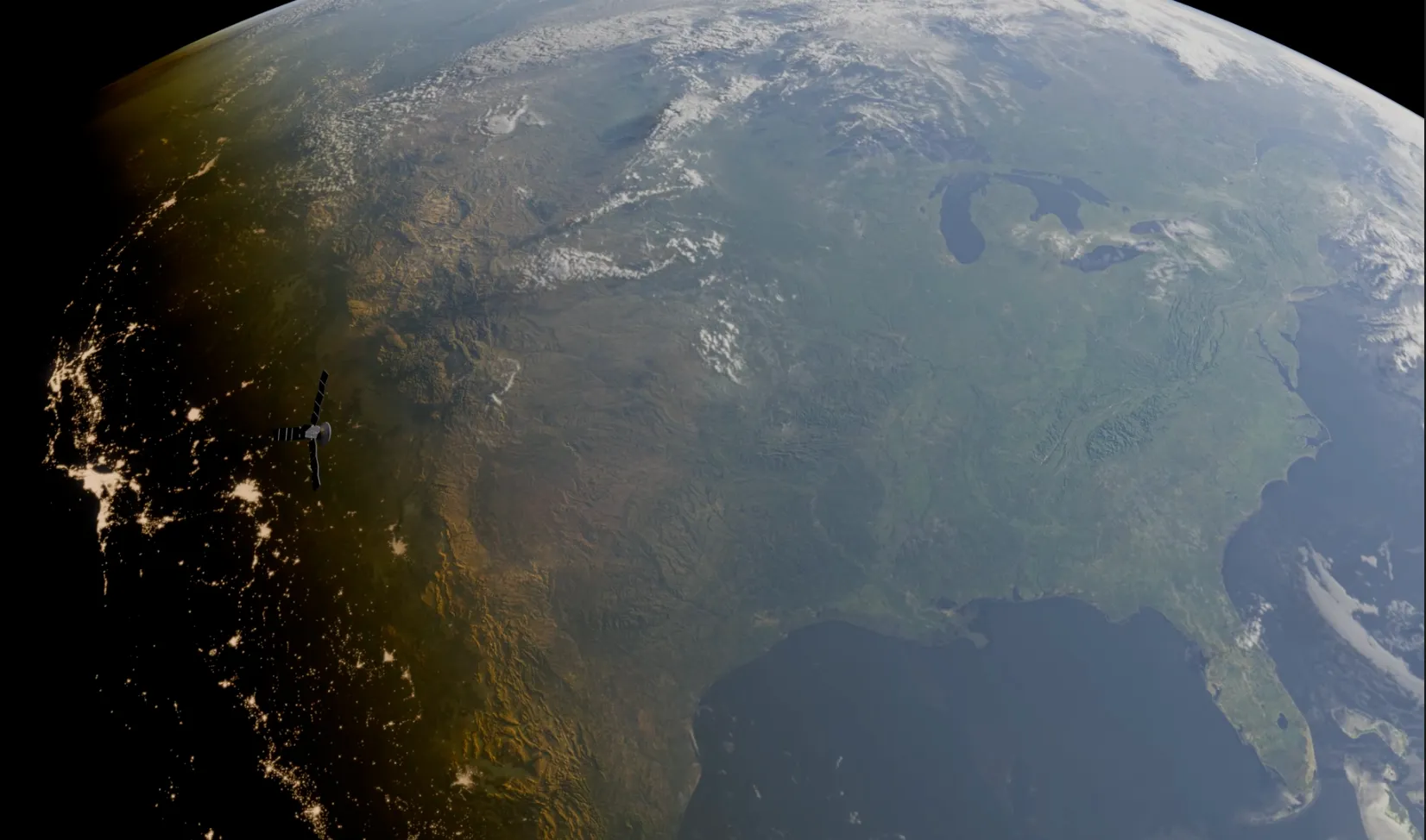 3D satellite above North America at night